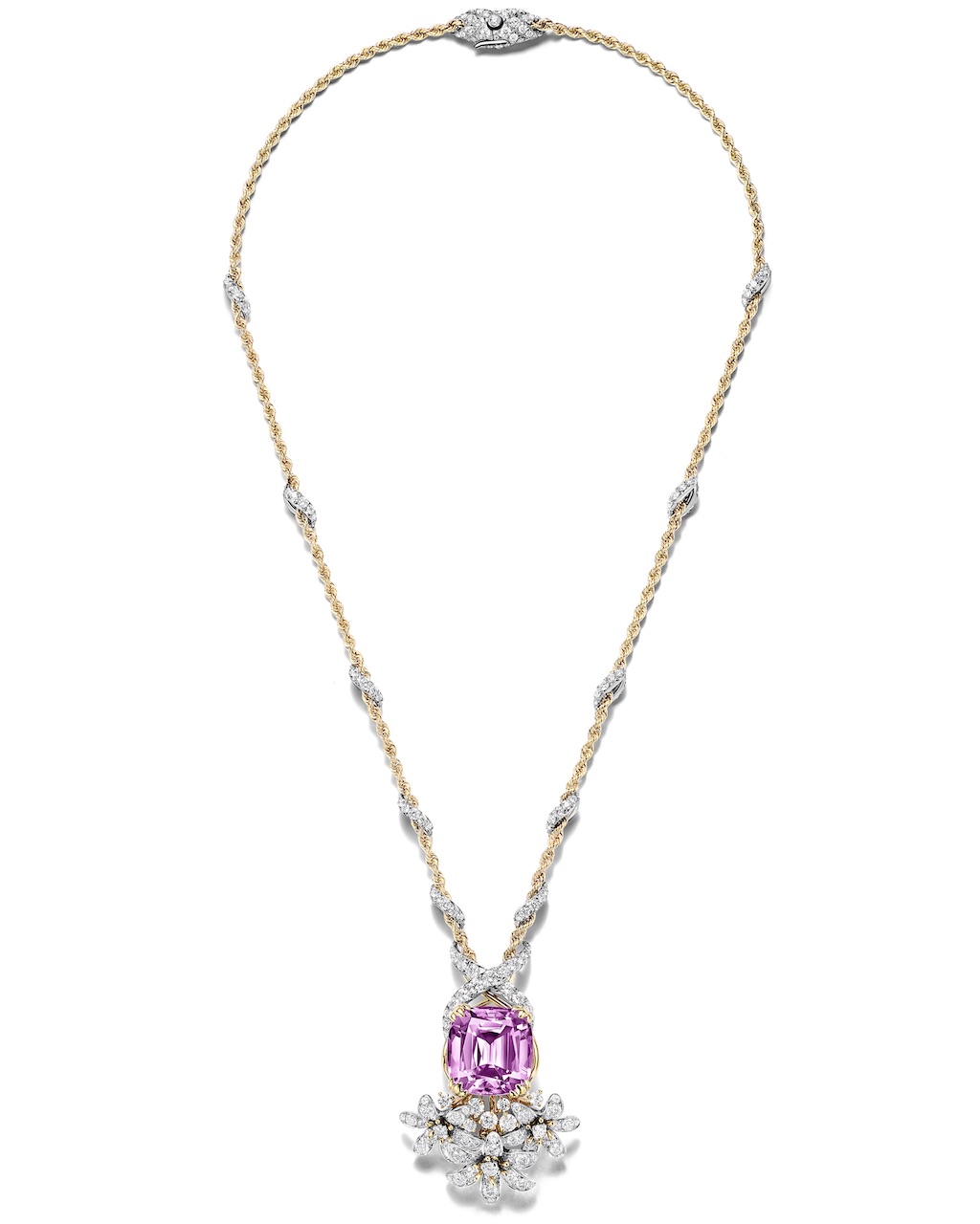 Jasmine Pendant with a
25.08-carat cushion-cut kunzite and natural diamonds from the Tiffany & Co. Blue Book 2026: Hidden Garden collection (Courtesy of Tiffany & Co.)