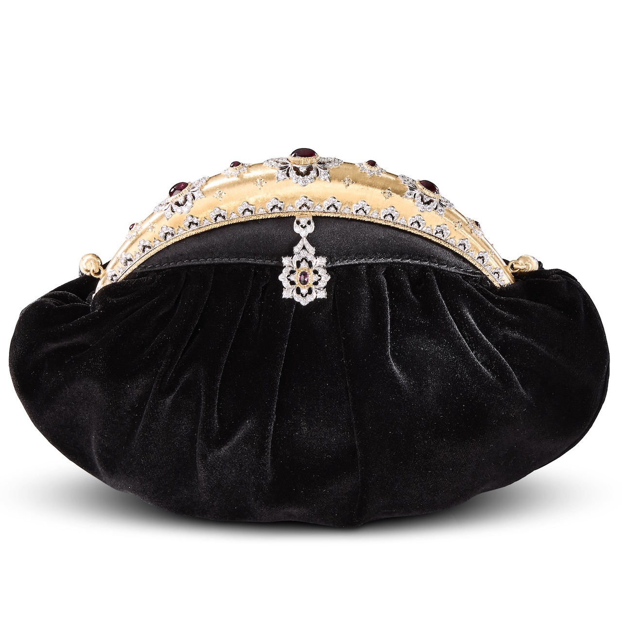 Diamond Purse Handbag in fabric in yellow and white gold set with Rubellite and natural diamonds. (Courtesy of Buccellati)