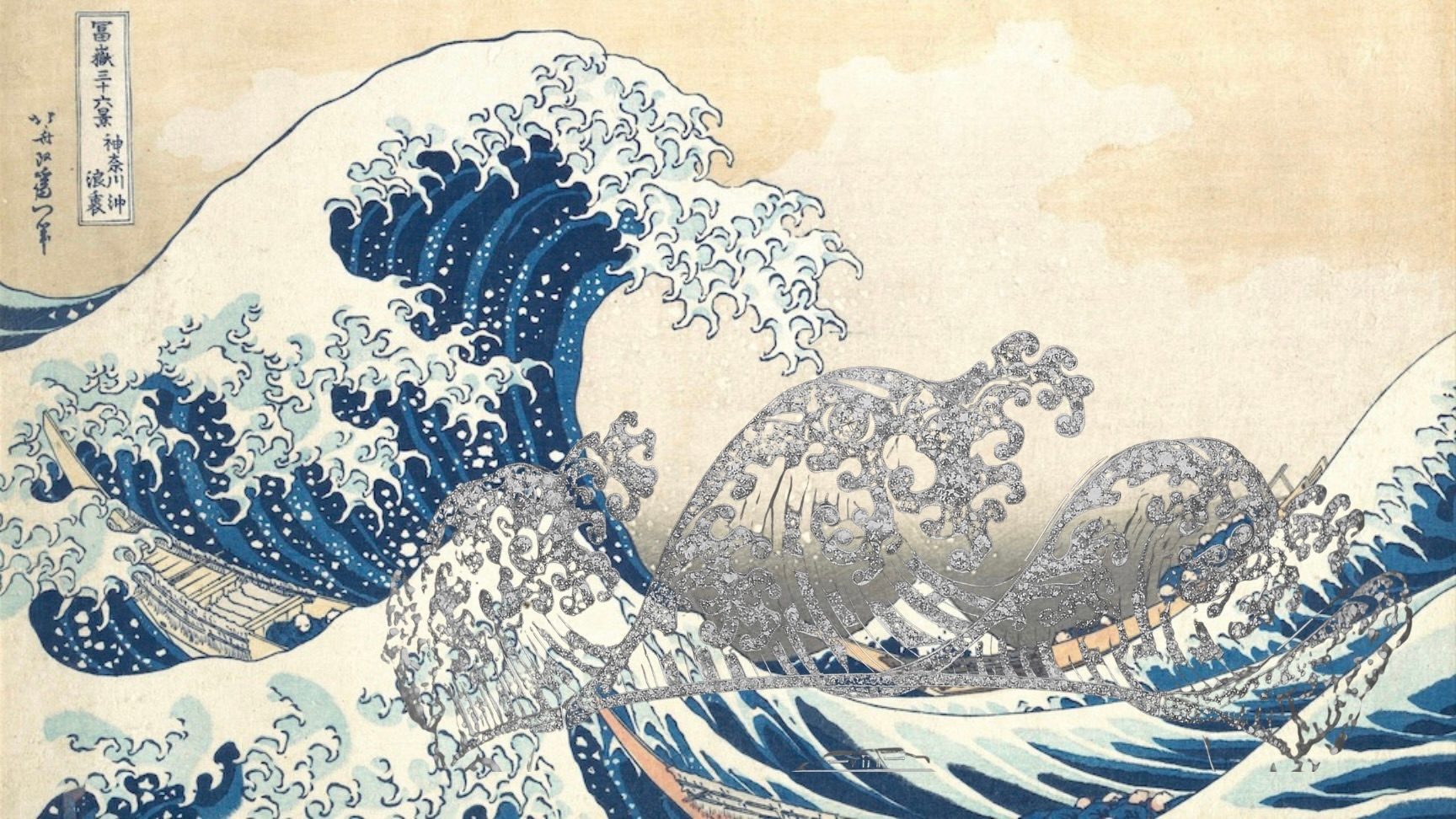 art-inspired jewelry, jewelry inspired by art: The Great Wave off Kanagawa by Katsushika Hokusai, 1831. (Public Domain / Wikimedia Commons), Boucheron Wave diamond tiara, 1910. (Boucheron Archives)