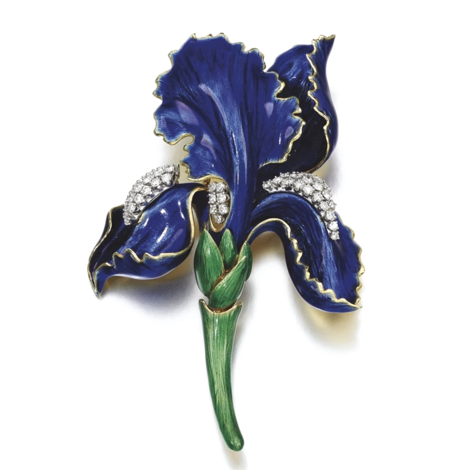art-inspired jewelry, jewelry inspired by art: Irises by Vincent van Gogh, 1889. Green and blue enamel "Iris" brooch by David Webb 