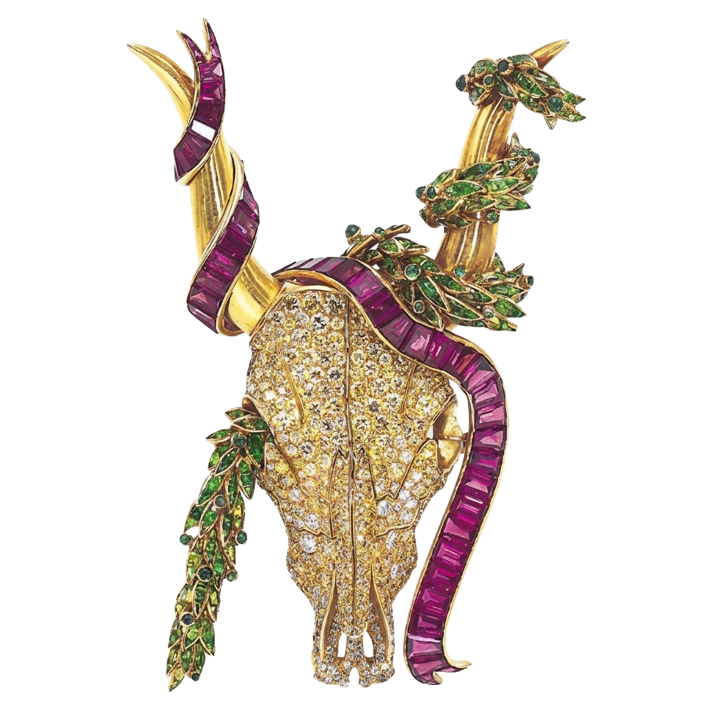 René Boivin Diamond and Gem-Set Longhorn Brooch