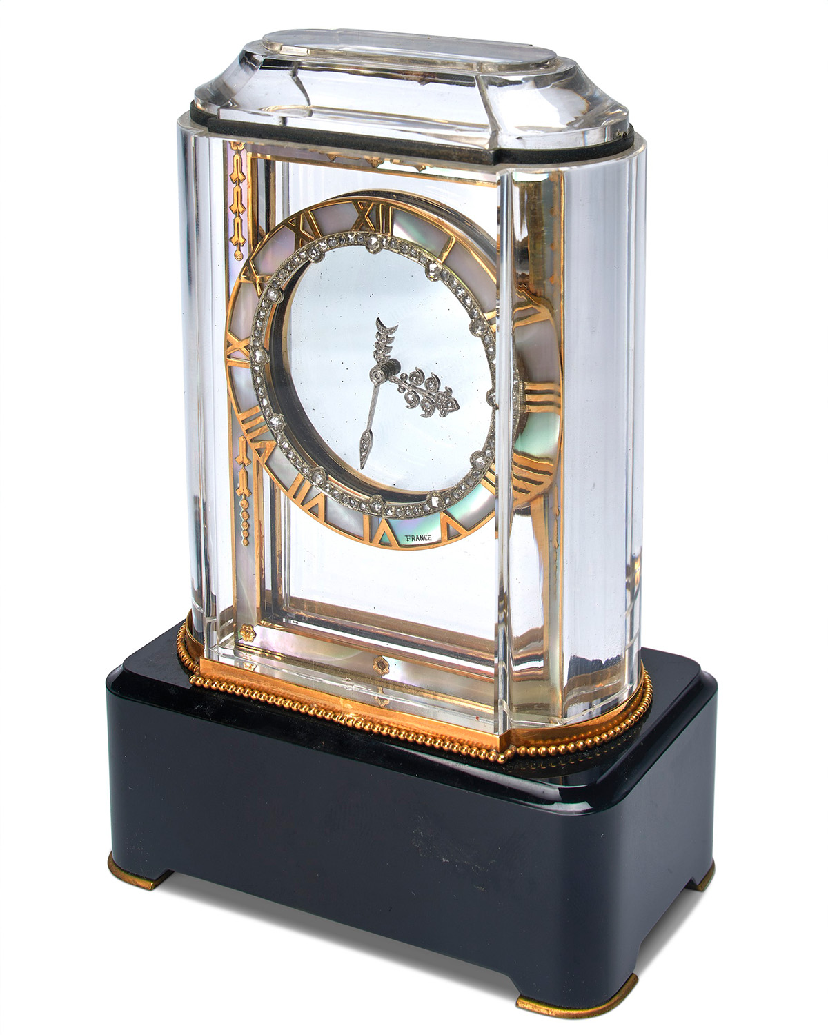 Cartier Art Deco “Model A” Mystery Clock in rock crystal, gold, agate, enamel, mother-of-pearl, onyx, and diamonds, c. 1928. (Courtesy of Cartier)