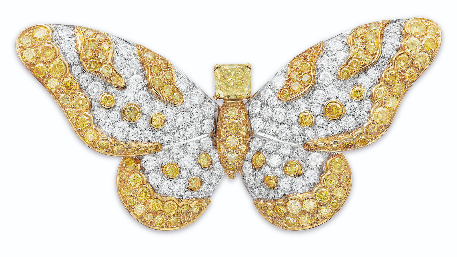 Graff Butterfly Brooch with white and yellow diamonds. 