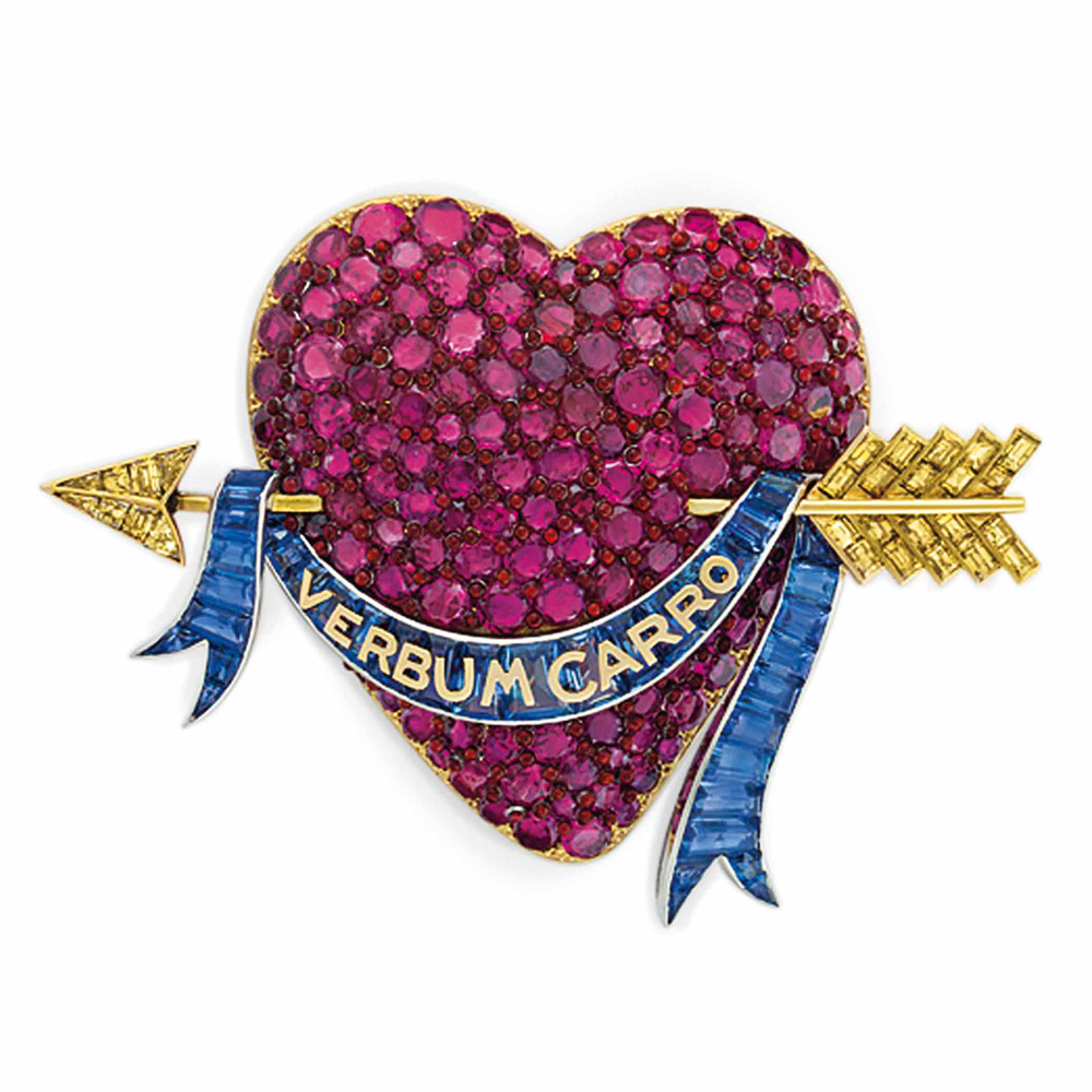 Paul Flato “Verbum Caro” Brooch featuring rubies, colored diamonds and sapphires owned by Millicent Rogers