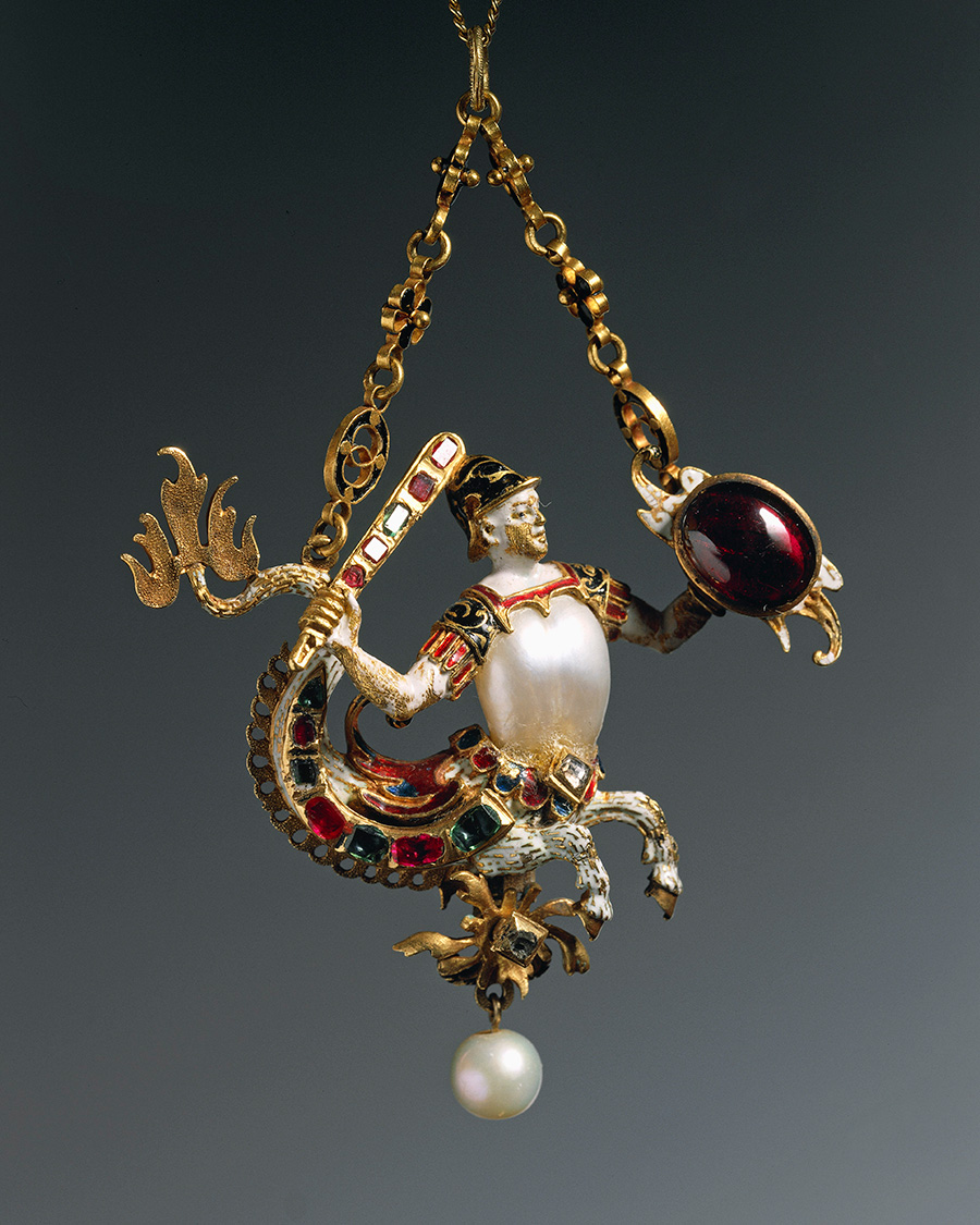 Renaissance jewelry: Enamelled gold pendant set with pearls, diamonds, garnets and rubies representing a merman, c. 1580-1590. 