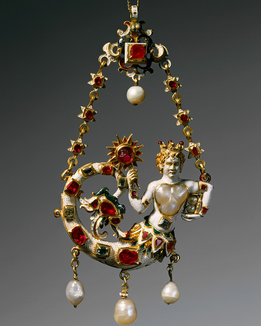 Renaissance jewelry: Enamelled gold pendant set with pearls, diamonds and rubies representing a Siren, c. 1580-1590. (Photo By DEA / A. DAGLI ORTI/De Agostini via Getty Images)
