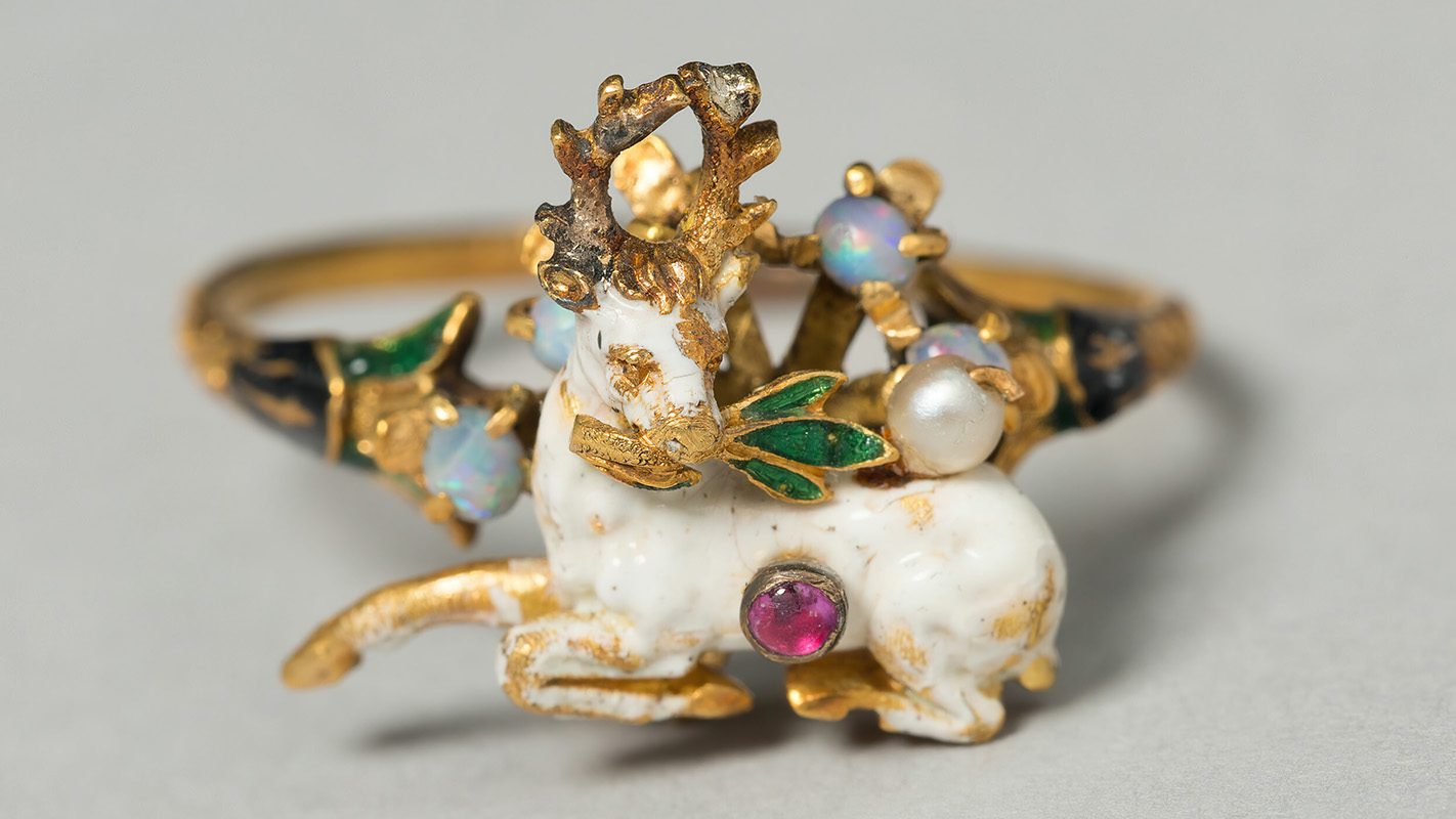 Renaissance Jewelry Stag with Herb Branch Mounted as a Ring, Germany, circa 1550- circa 1600