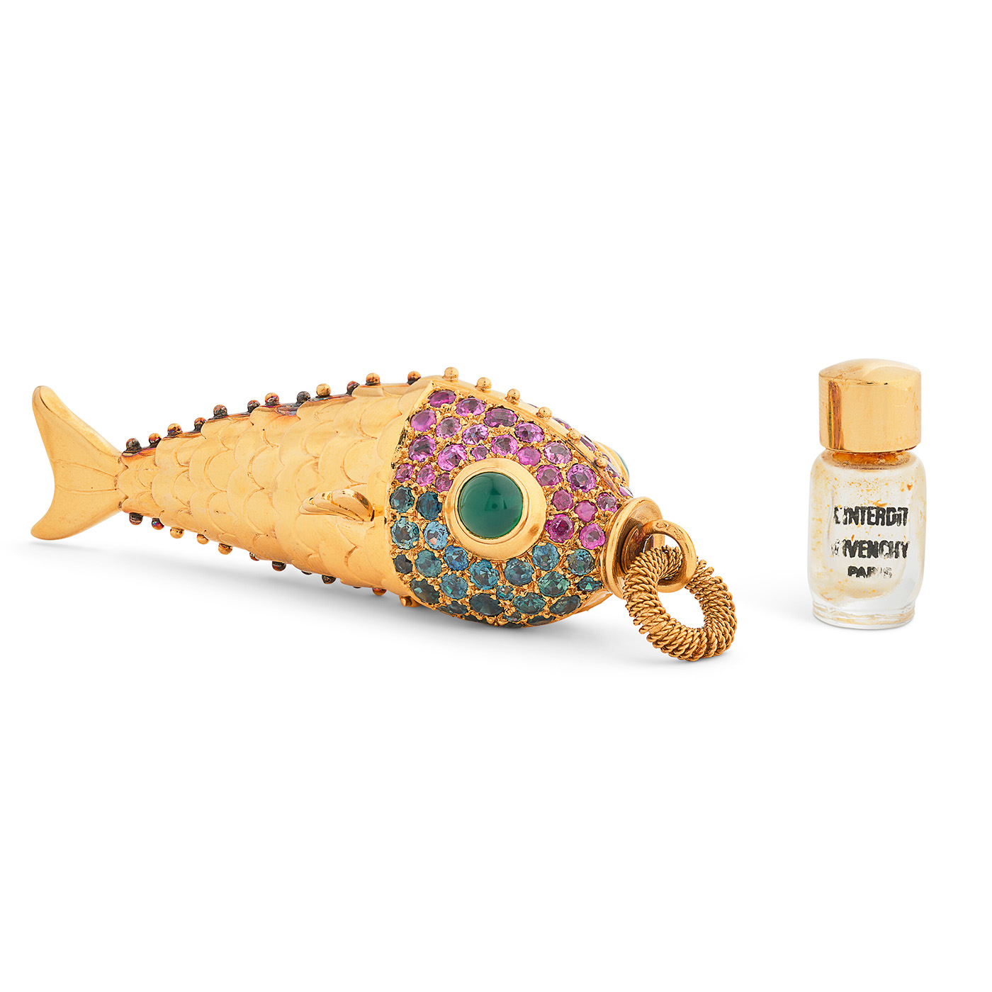 René Boivin Multi-Colored Sapphire and Chrysoprase Scent Bottle Pendant 'Poisson'. (Courtesy of Christie's Auction House)