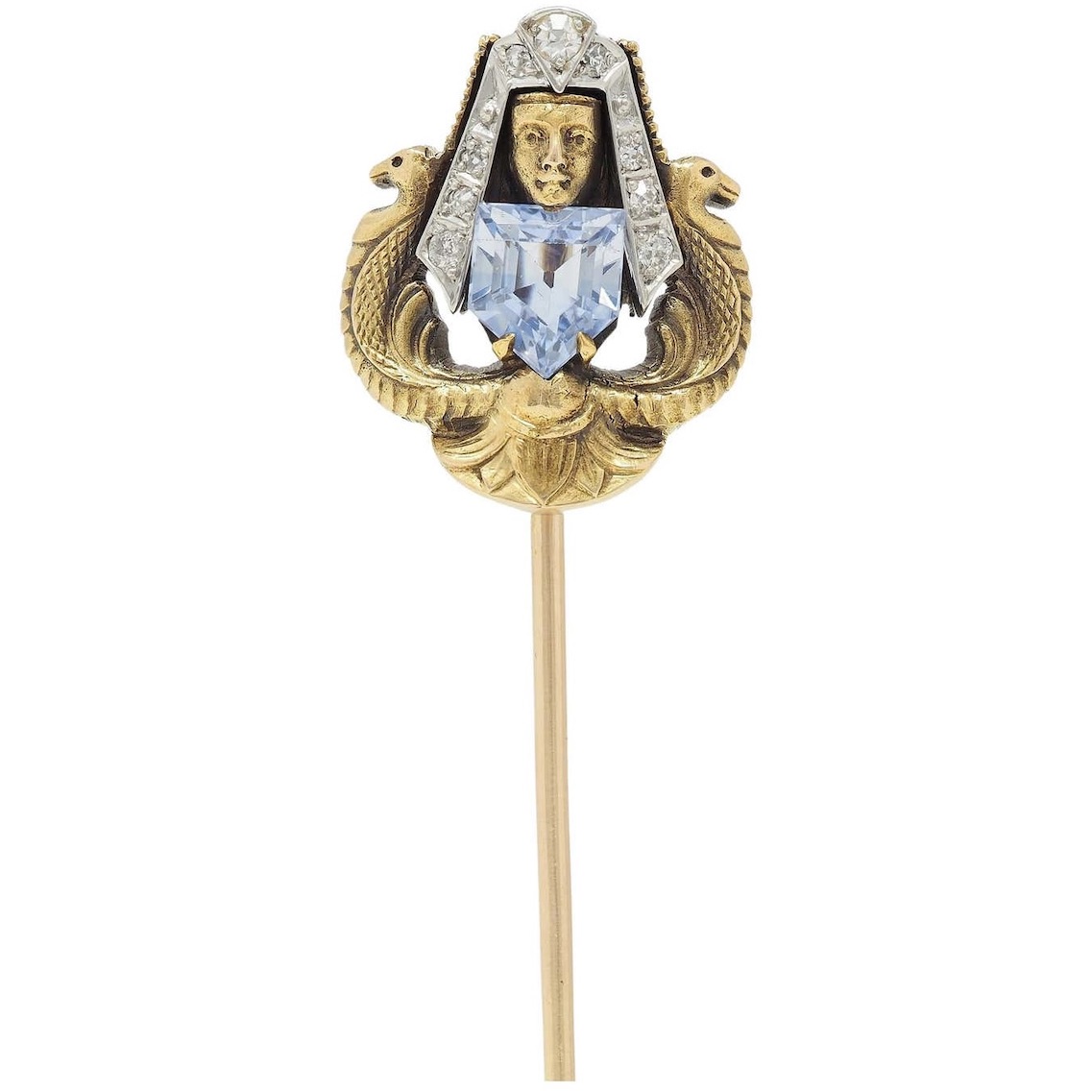 Art Deco Egyptian Revival Sapphire Diamond Platinum 18 Karat Gold Stickpin, $4,125, 1stdibs.com