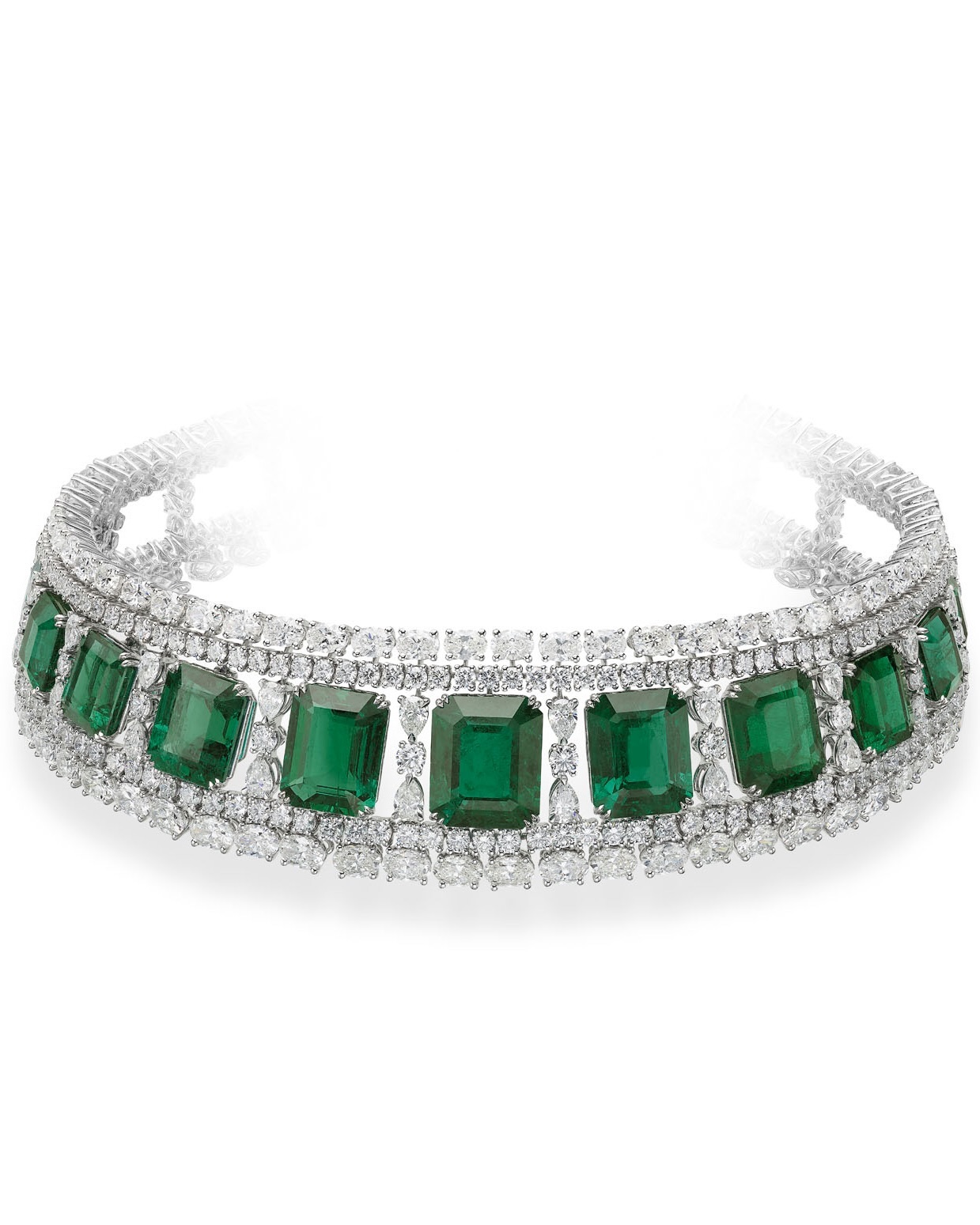 Cannes Film Festival 2026: Chopard Red Carpet Collection Choker necklace in 18-karat ethical white gold, set with emerald-cut emeralds totalling over 87 carats, and further adorned with brilliant, oval, and pear-shaped diamonds totalling over 40 carats.