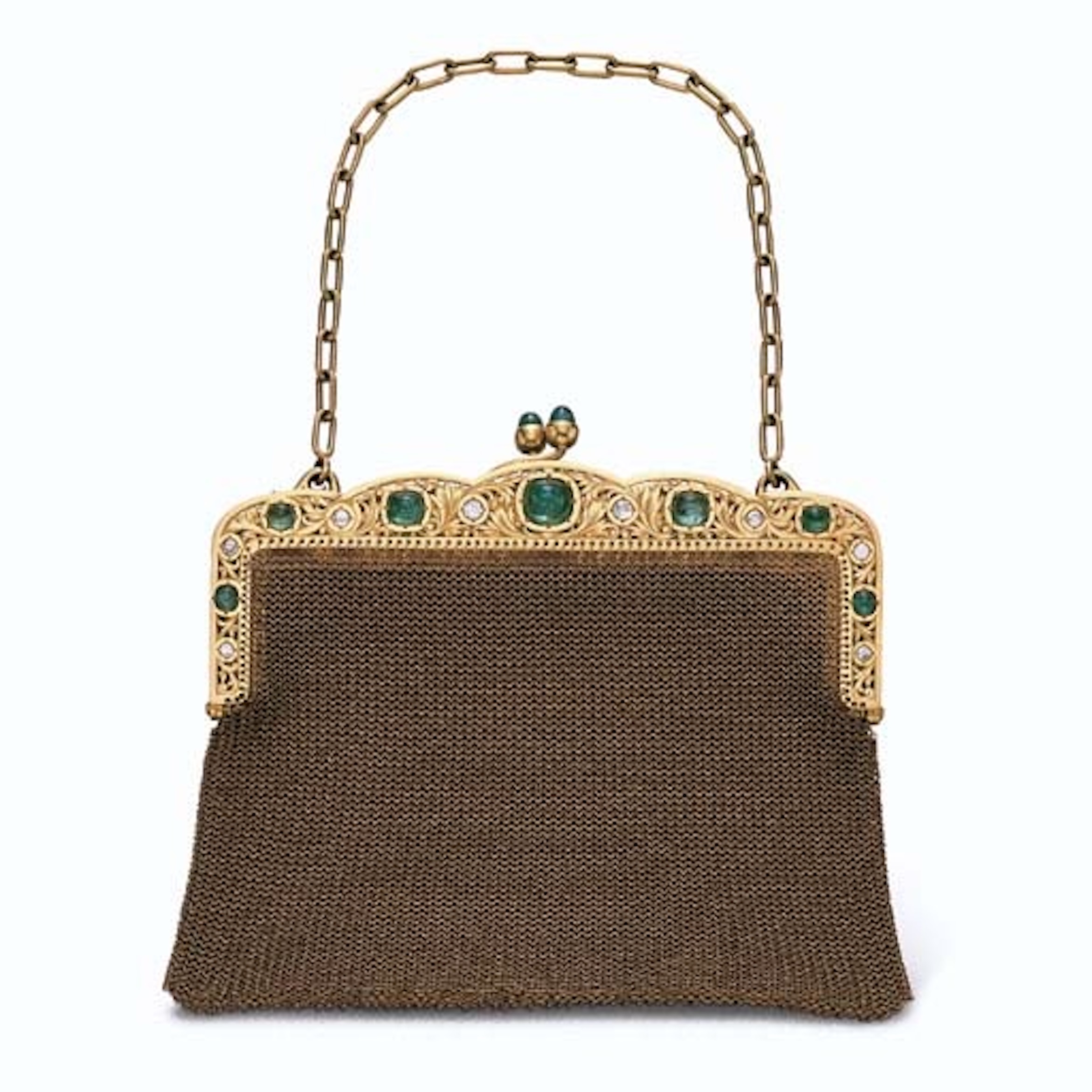 Diamond PUrse An Antique Gold, Emerald, and Diamond Evening Bag from the Magnificent Jewels from the Collection of Ellen Barkin. (Courtesy of Christies)