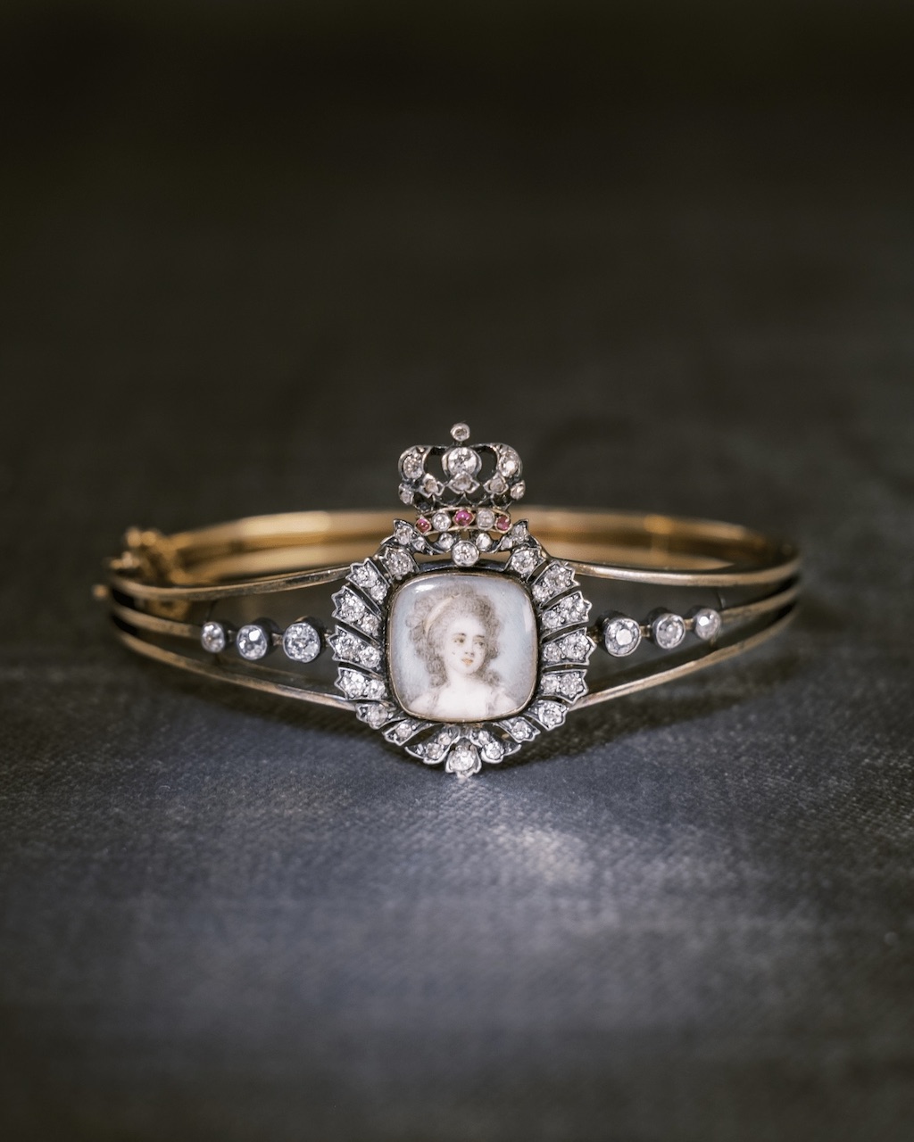 Portrait Jewelry Vintage Hand-Painted Portrait Diamond and Ruby Leonardo Bangle from the Victorian Era, Circa 1850, $9,750, andriabarbone.com
