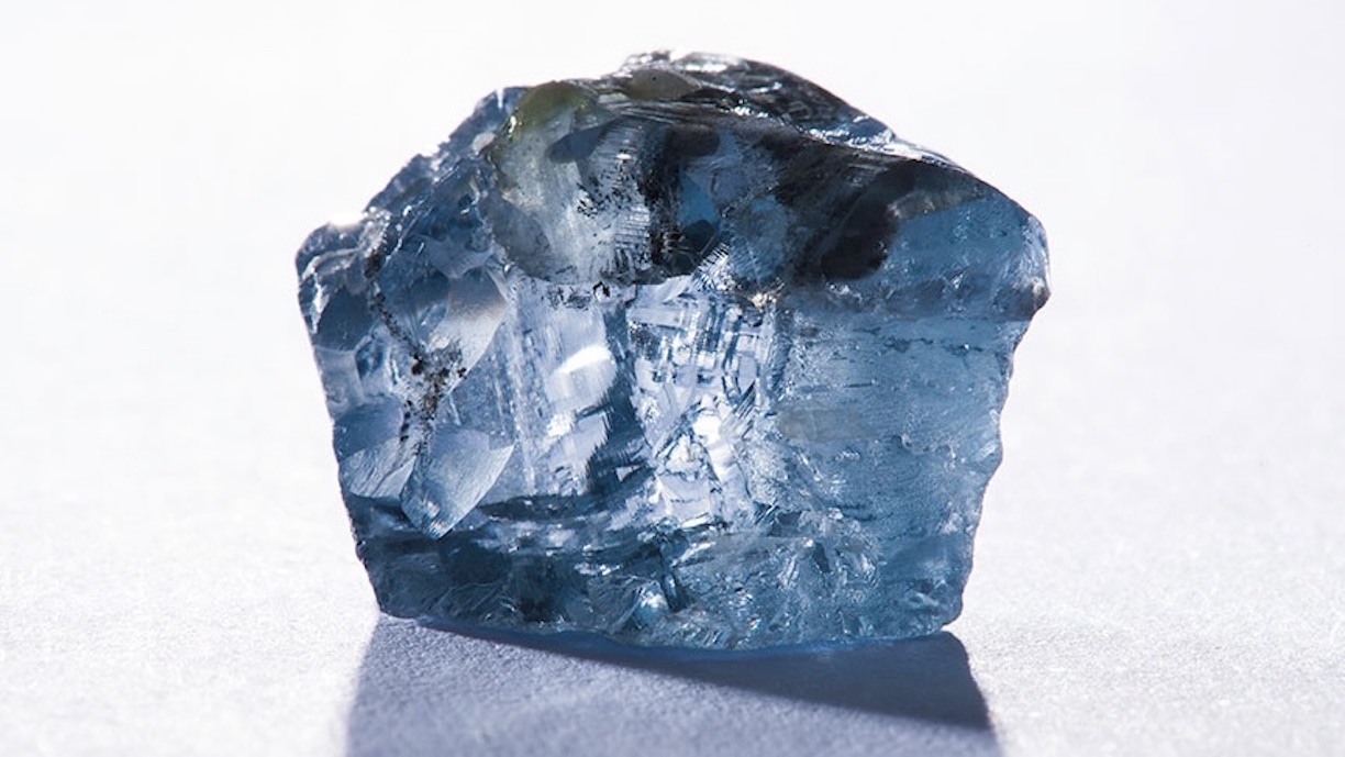 The 29.62 blue rough diamond recovered at Cullinan Diamond Mine in 2014 that later became the polished 12.03 Fancy Vivid Blue diamond, The Blue Moon of Josephine. (Courtesy Petra)
