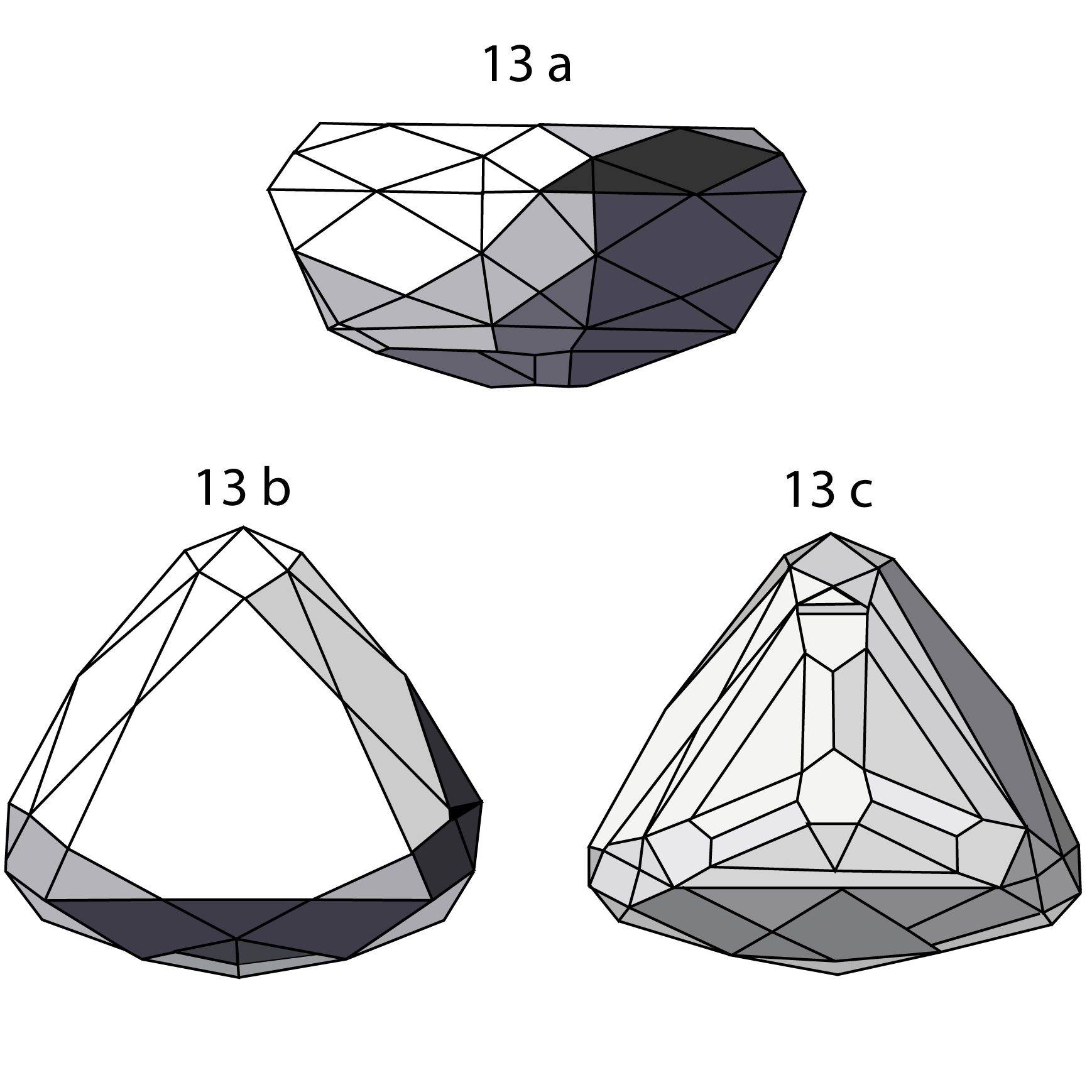 Plate illustrating famous diamonds, including side (13a), top (13b), and bottom (13c) views of the Nassak Diamond, 1904. (Wikimedia Commons/Public Domain)
