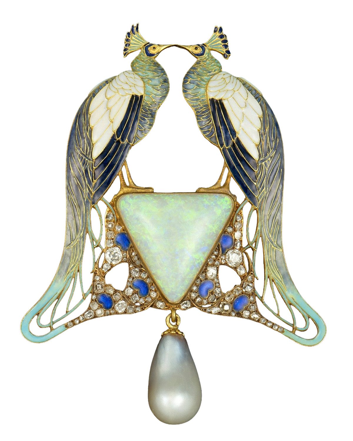 René Lalique peacock pendant in enamel, opal, pearl, diamond.