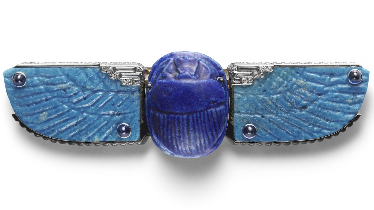 Egyptian Jewelry: Cartier Collection scarab belt buckle. Cartier Paris, 1926. Gold, platinum, blue Egyptian faience, diamonds, sapphires, enamel.