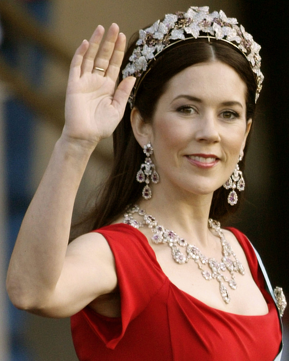 Mary Donaldson waves as she and Danish Crown Prince Frederik arrive to the Royal Theatre May 13, 2004 in Copenhagen, Denmark.