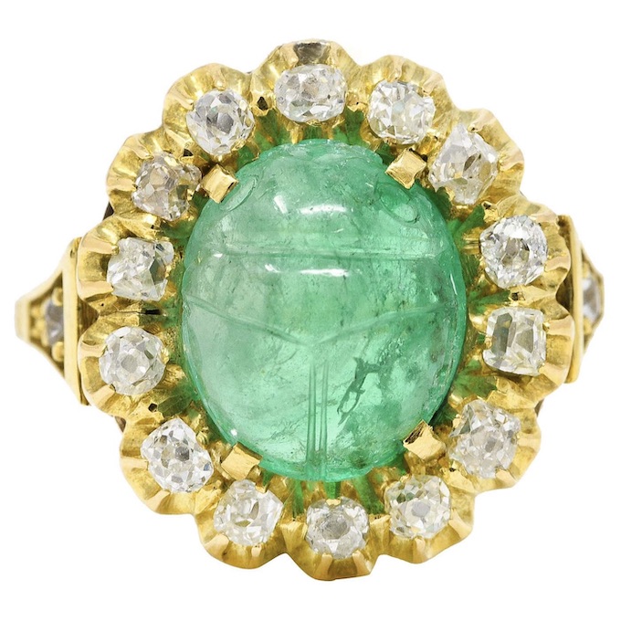 Vintage Egyptian Revival 7.80 Carats Carved Emerald Diamond 18 Karat Ring, $11,350, 1stdibs.com