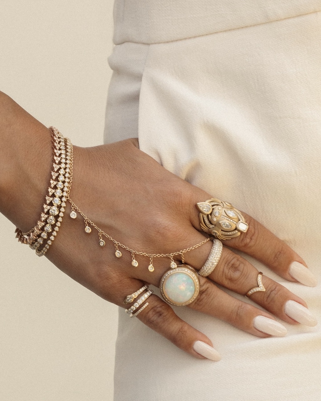 Jacquie Aiche 7 Diamond Shaker Finger Bracelet, $2,365, jacquieaiche.com