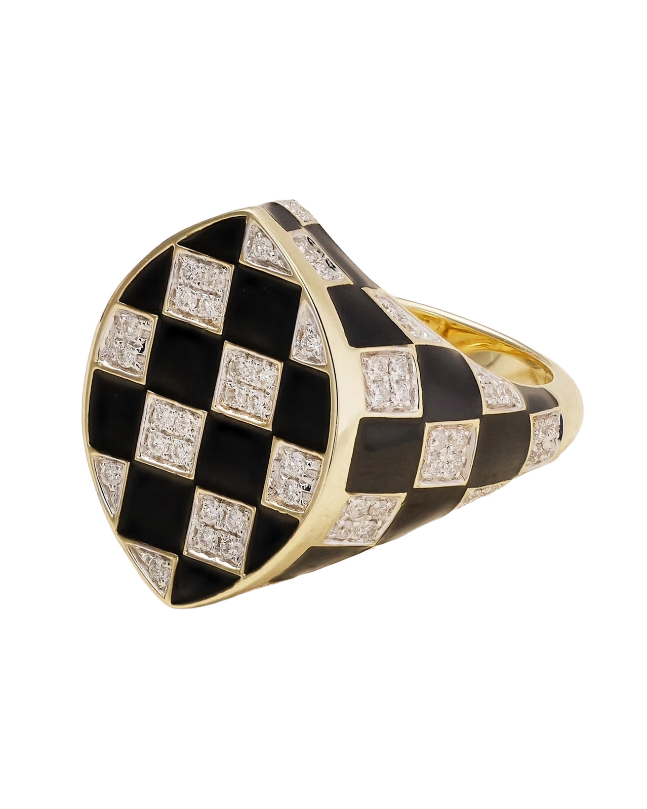 YVONNE LÉON Chevalière Marquise Damier 9-karat gold, diamond and enamel ring