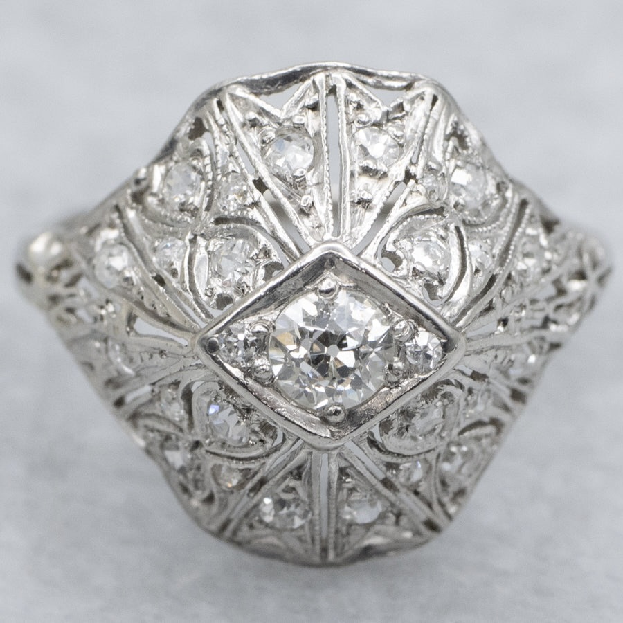 Edwardian Era Platinum and Old Mine-Cut Diamond Filigree Dinner Ring, $2,645, marketsquarejewelers.com