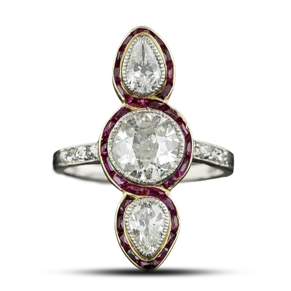 Edwardian Unique Three-Stone Diamond and Ruby Dinner Ring, $9,950, langantiques.com