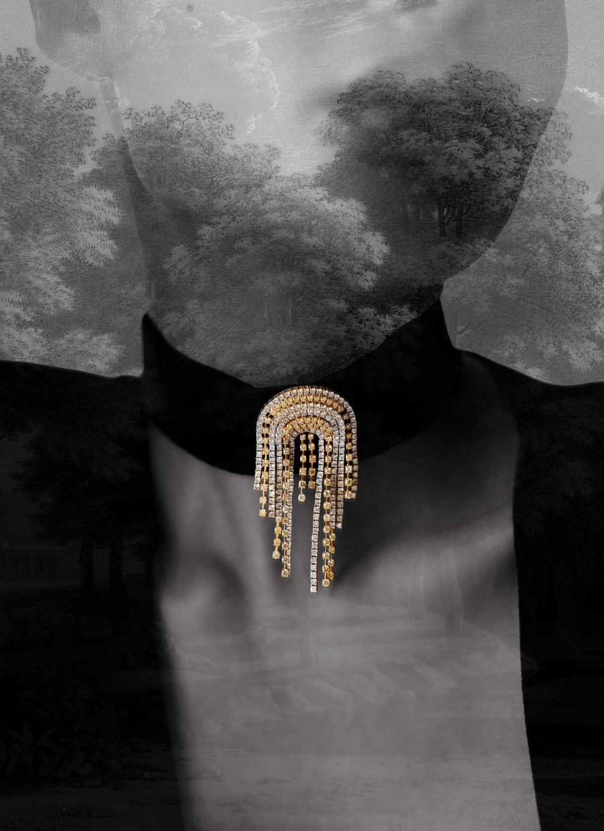 Gold fringe diamond choker necklace with cascading design