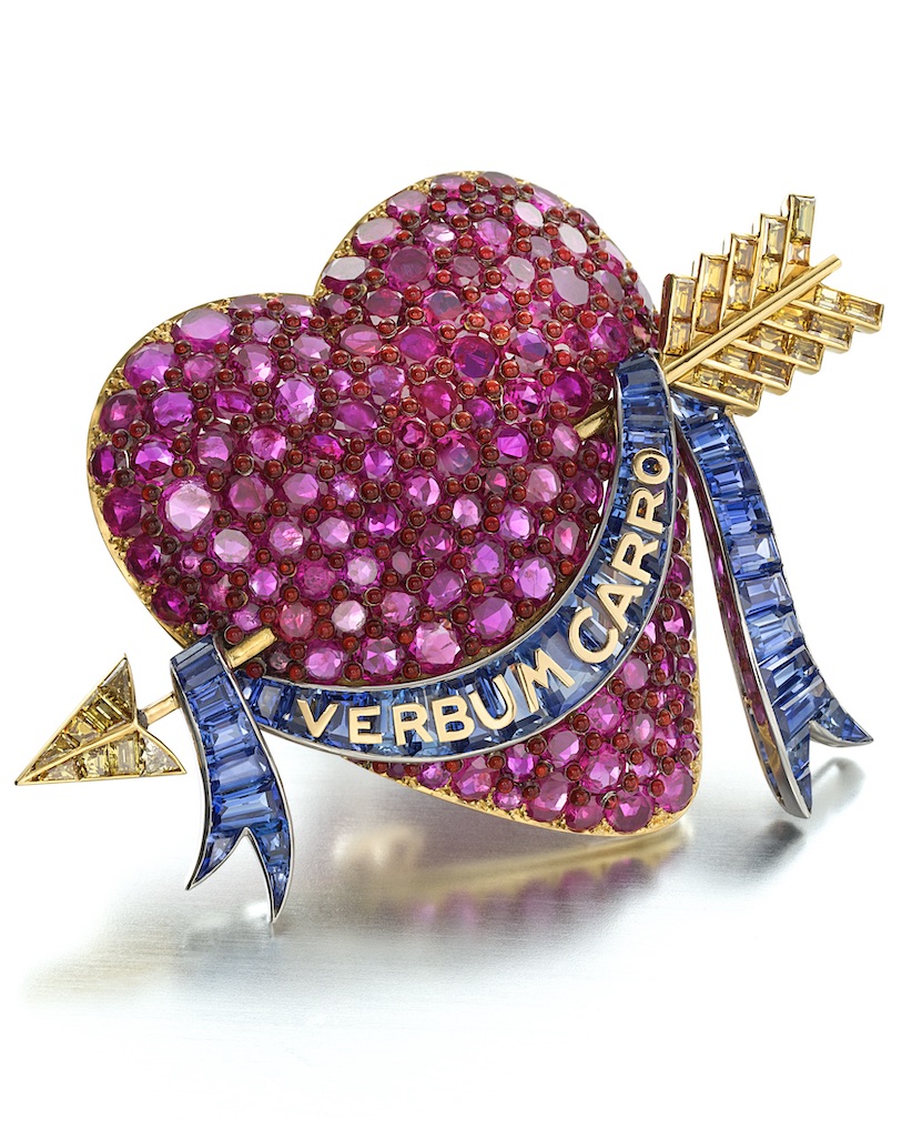 jewelry collectors Millicent Rogers  Paul Flato “Verbum Caro” Brooch featuring rubies, colored diamonds and sapphires. 