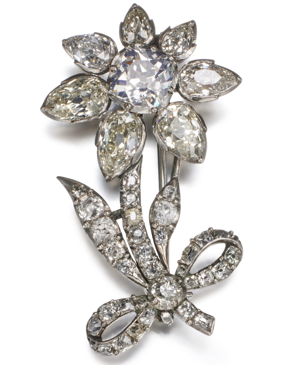A silver and diamond-set six-petal Flower Dress Trimming from the Russian Imperial Jewels, attributed to Duval, circa 1780. (Courtesy of Sotheby's)