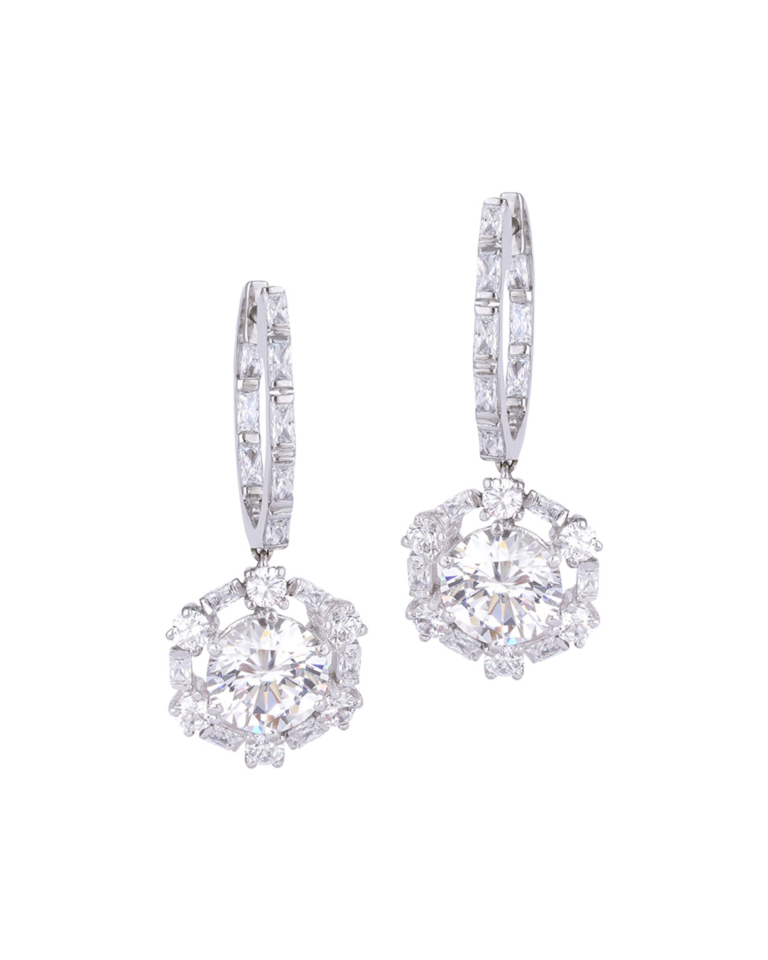 Hexagon halo dangle diamond earrings