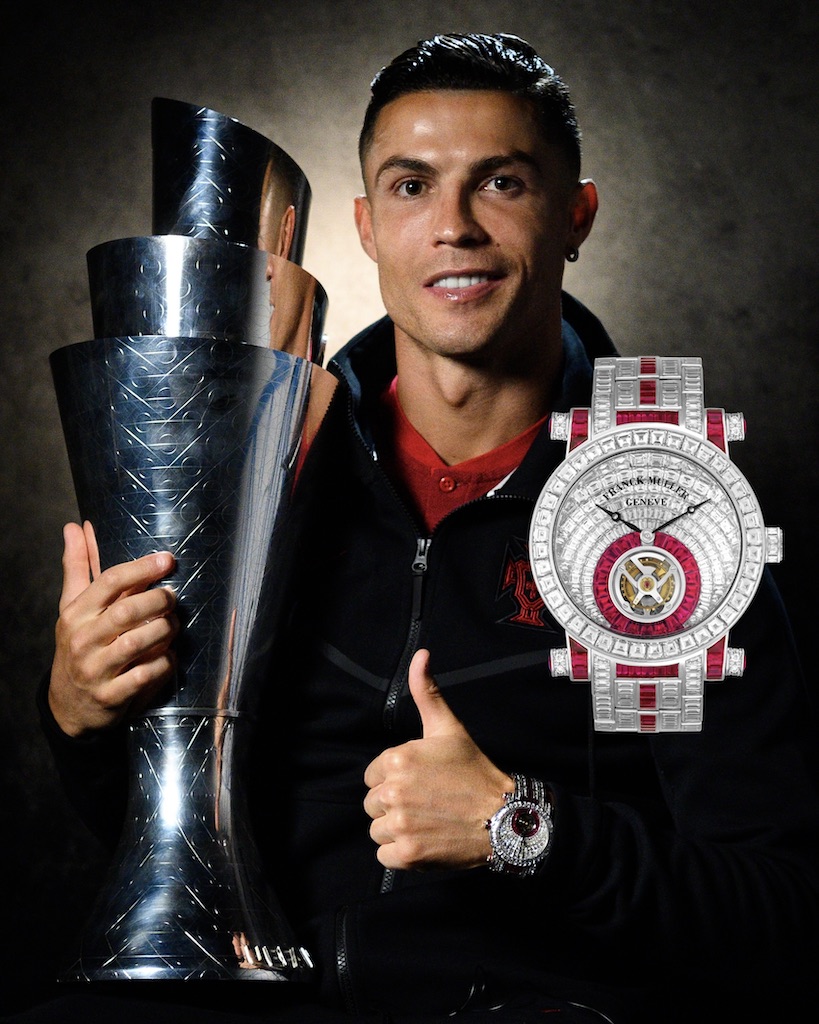 Cristiano Ronaldo of Portugal wears his Franck Muller Invisible Setting Imperial Tourbillon Watch while holding the UEFA Nations League Trophy following his team's victory in the UEFA Nations League Final on June 09, 2019. (Getty Images)