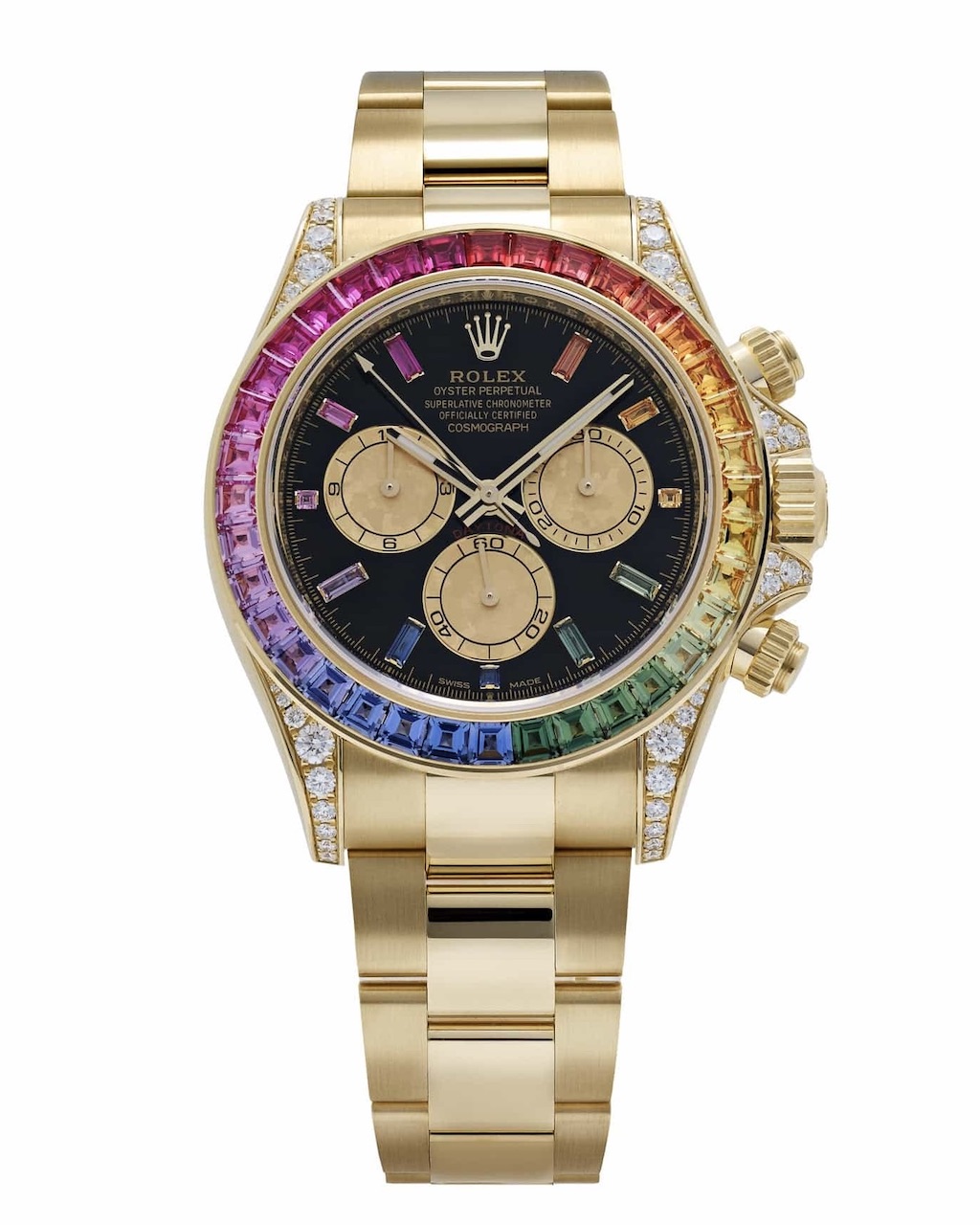 Rolex Daytona 126598RBOW 'Rainbow' Yellow Gold Black Dial Sapphire Bezel, $450,000, wristaficionado.com