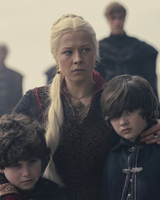 Harvey Sadler as Lucerys Velaryon, Emma D'Arcy as Rhaenyra Targaryen, and Leo Hart as Jacaerys Velaryon in Season 1 of House of the Dragon.