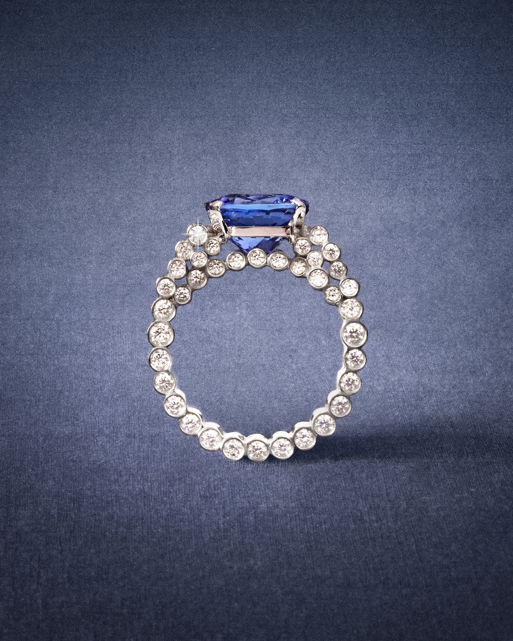 Viltier Edge Pyramid Ring, crowned by a 6.15-carat tanzanite, 214 bezel-set diamonds for 3.60 carats. (Courtesy of Viltier)