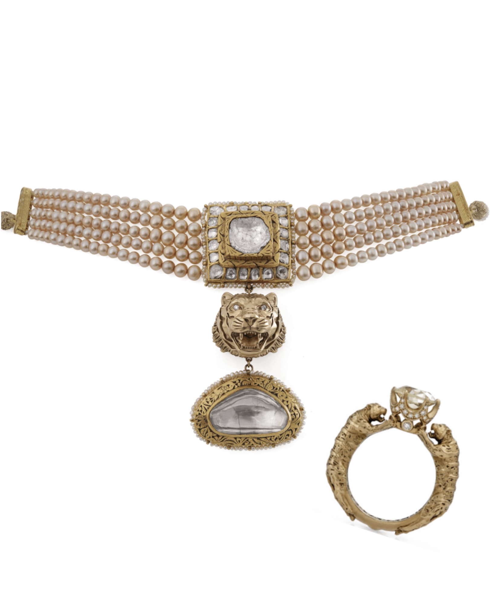 Lupita Nyong'o Helen of Troy Clytemnestra The Odyssey Sabyasachi High Jewelry 5-strand Pearl and Polki Diamond Choker and Bengal Tiger ring.