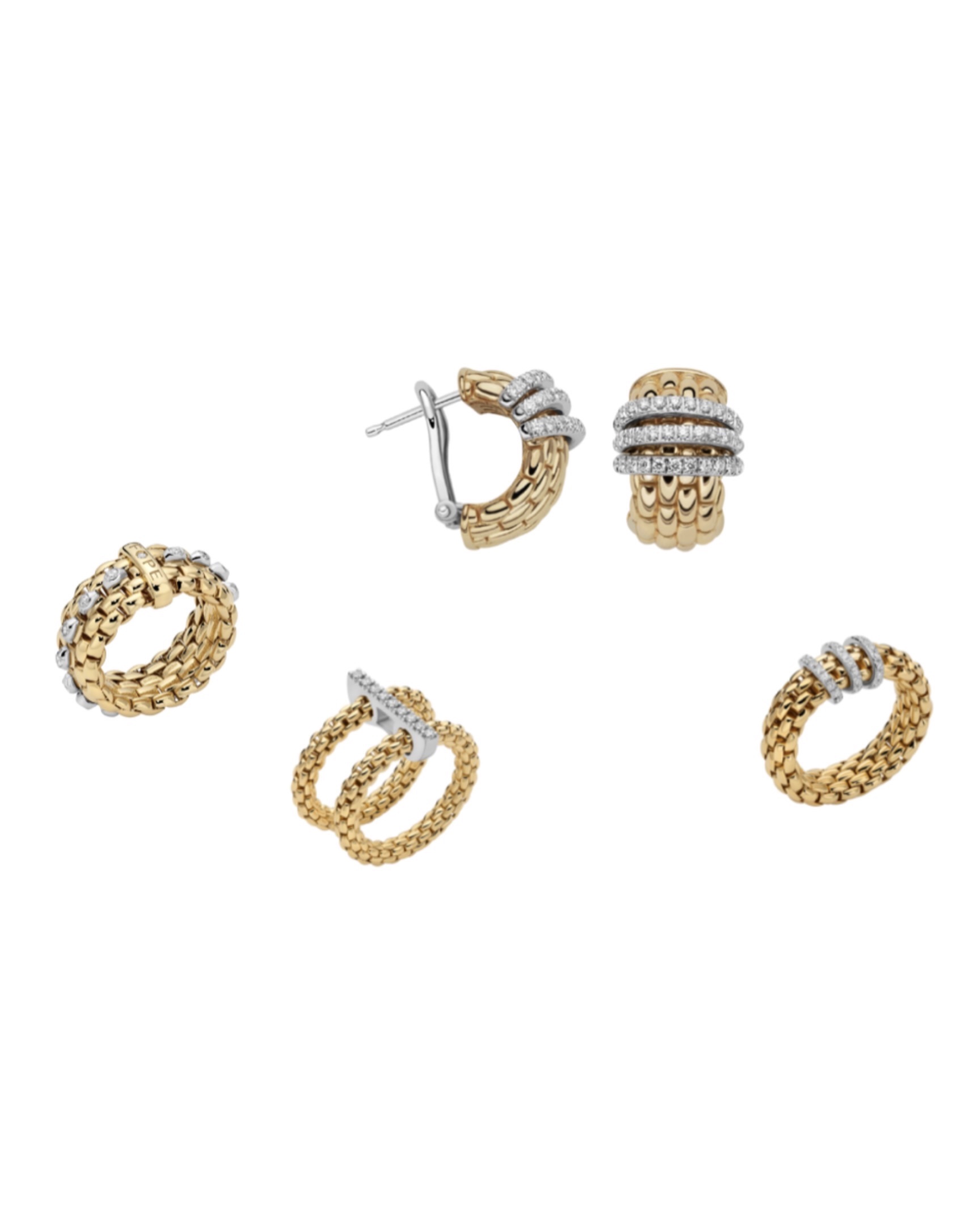 The Odyssey Assortment of Zendaya's Fope jewelry, including 18-karat yellow gold earrings pavé diamonds from the Panorama collection, and three Flex’it mesh yellow gold rings with pavé diamonds.