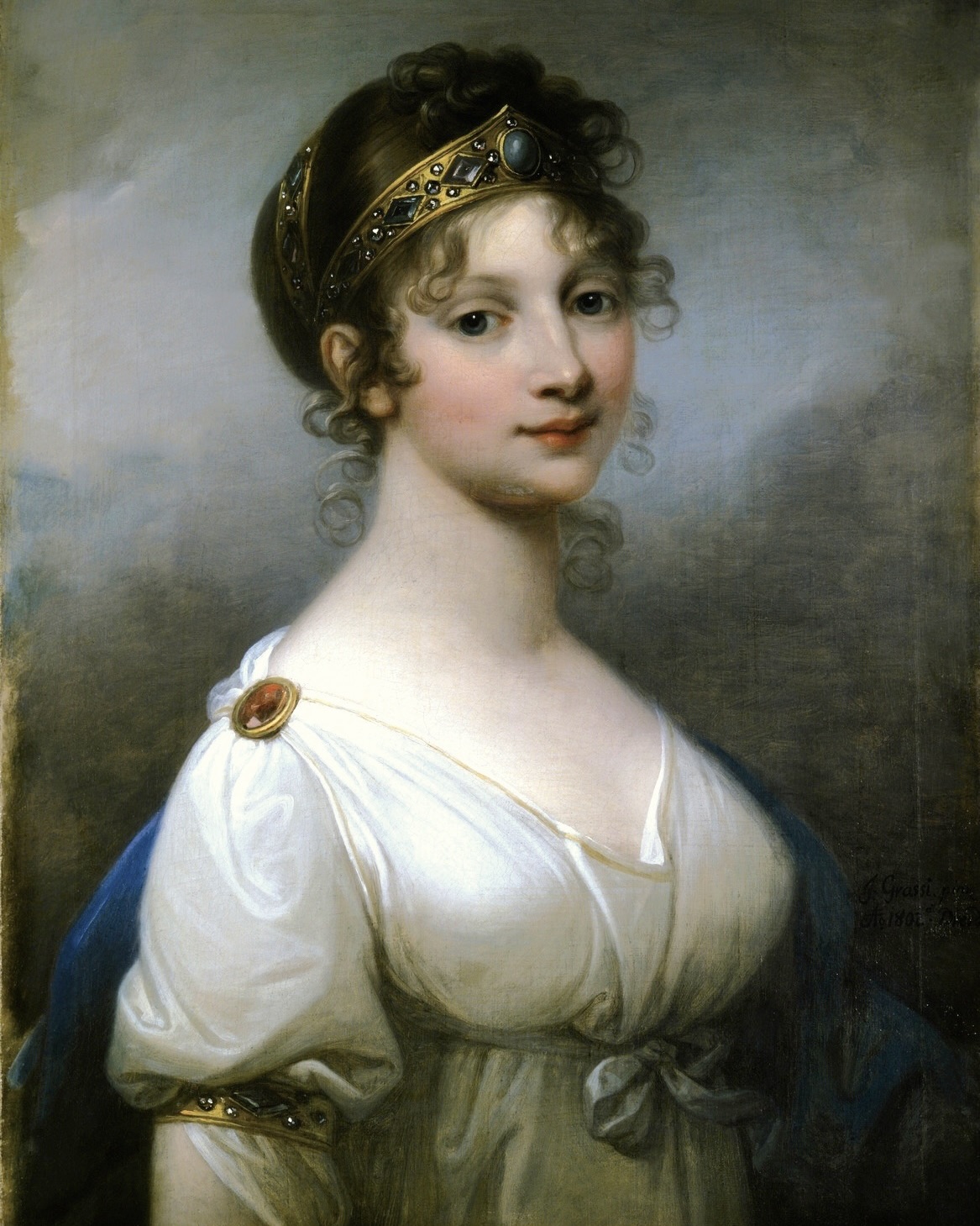 Portrait of Louise of Mecklenburg-Strelitz, Queen of Prussia, wearing a Neoclassical dress and an armlet by Josef Grassi, 1802.