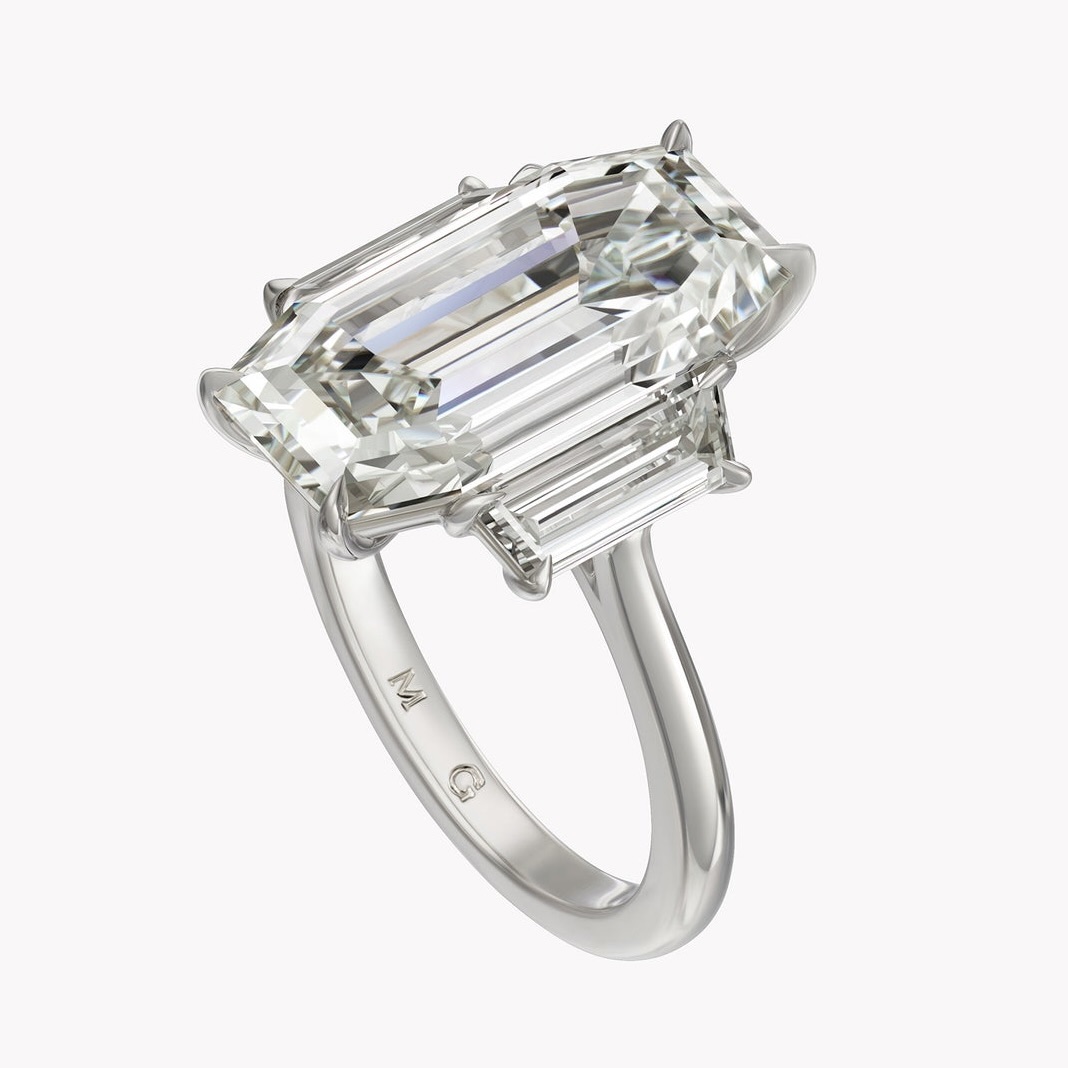 Trapezoid Diamond Cut Material Good Elongated Emerald Cut Engagement Ring with Trapezoid Side Stones, Price Upon Request, materialgood.com