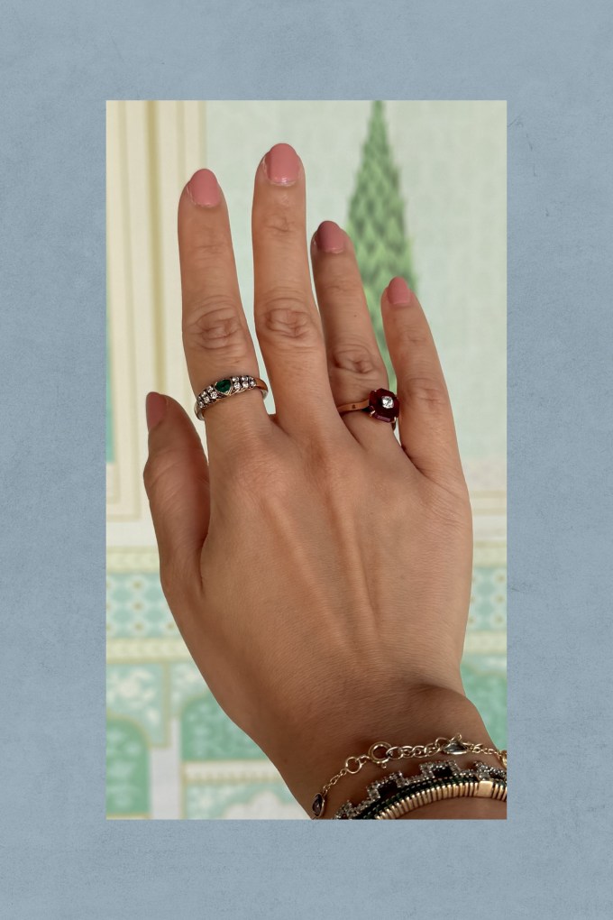 Devisha Singh wearing a natural diamond and ruby ring