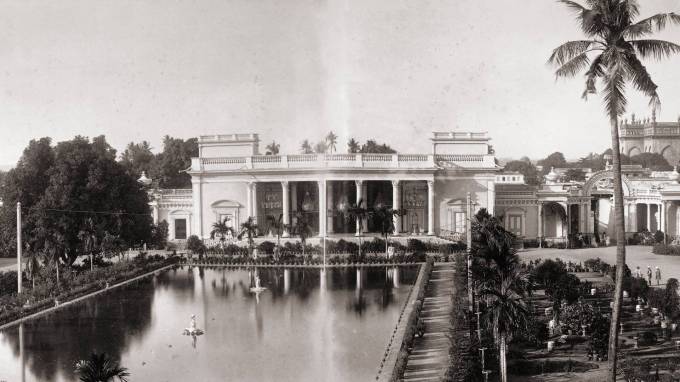 Panoramic view in two parts of the Chaumhalla Palace at Hyderabad, photographed by Deen Dayal in the 1880s
