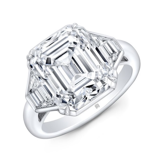 Rahaminov Platinum 5-Carat Emerald Cut Three-Stone Bezel Set Engagement Ring Trapezoid Diamond