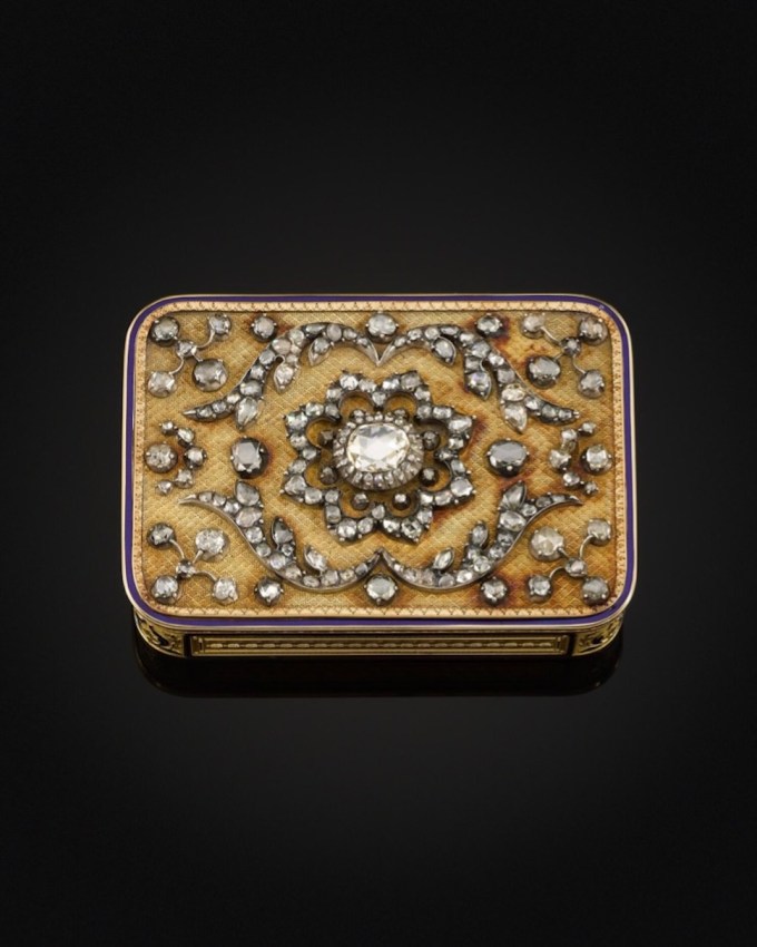 A diamond-set gold cigarette case, made by Marc André Souchay and Charles Colin, Switzerland, 19th century. (Courtesy of Sotheby's)
