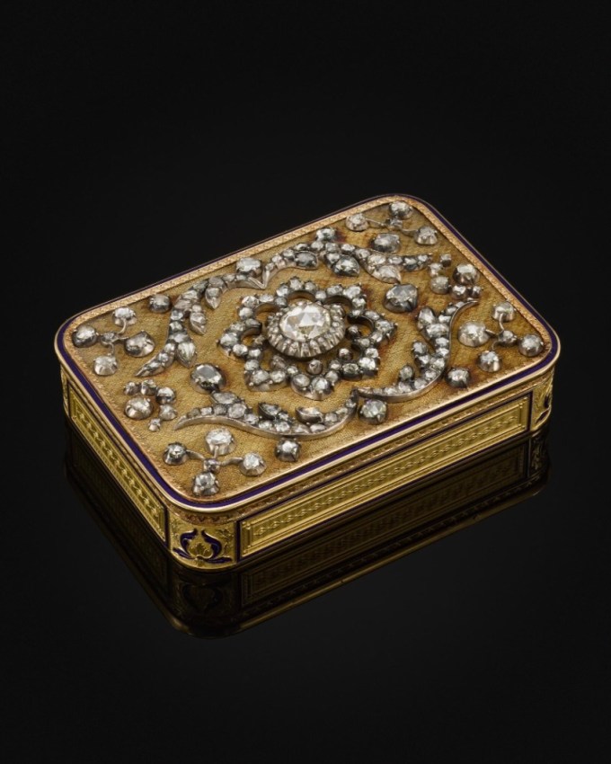 A diamond-set gold cigarette case, made by Marc André Souchay and Charles Colin, Switzerland, 19th century. (Courtesy of Sotheby's)