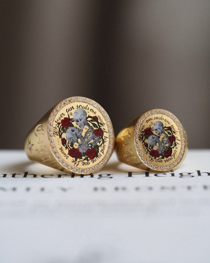 Cece Jewellery created custom Wuthering Heights-inspired champlevé enamel and diamond signet rings for Margot Robbie and Jacob Elordi. (Courtesy of Cece Jewellery)