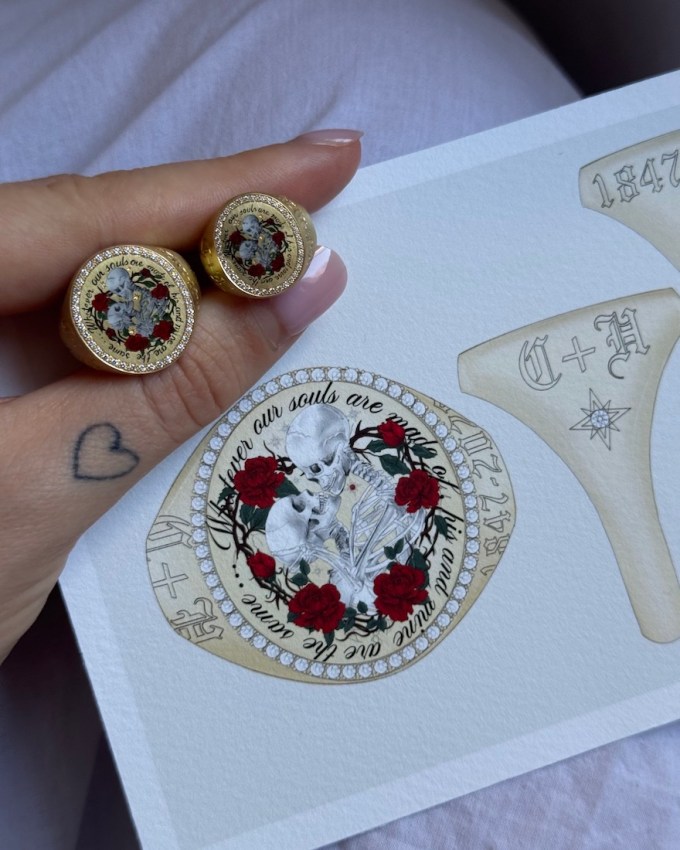 Cece Jewellery created custom Wuthering Heights-inspired champlevé enamel and diamond signet rings for Margot Robbie and Jacob Elordi. (Courtesy of Cece Jewellery)