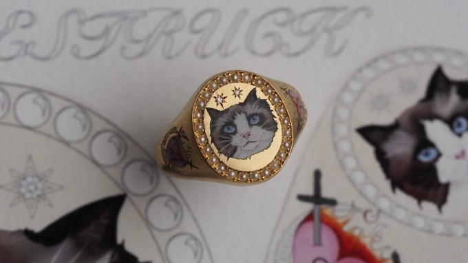 Cece Jewellery custom rings featuring Taylor Swift's cat Benjamin Button.
