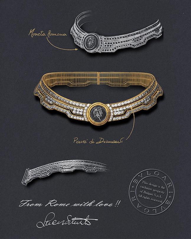 coin jewelry  Sketches depicting the creation of the Bulgari Monete Custom Coin Choker.