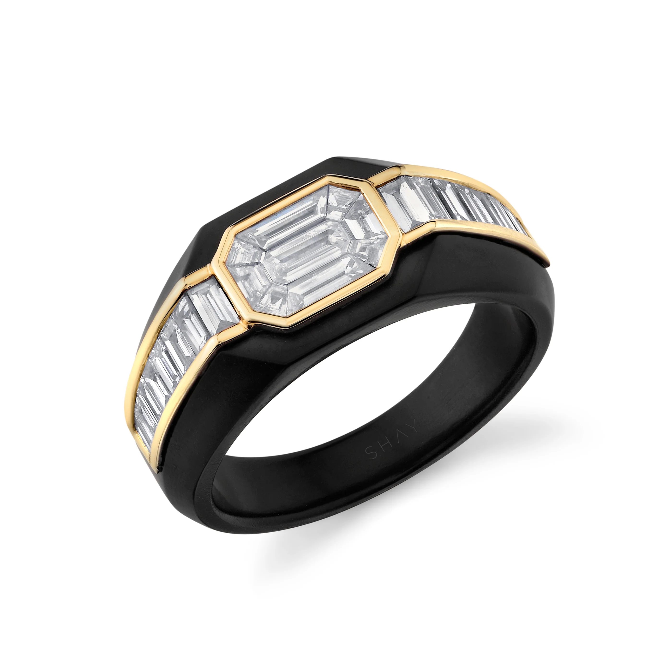 titanium jewelry Shay Jewelry DIAMOND BAGUETTE TITANIUM SIGNET RING WITH NATURAL DIAMOND, $11,390, shayjewelry.com