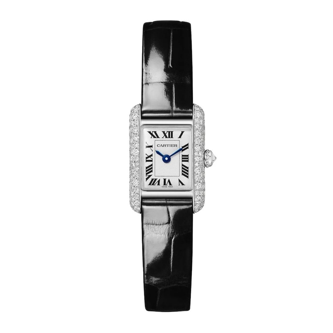 Tiny Watch Cartier Tank Louis 16.5mm, 18K White Gold Case, Alligator Leather Strap, $21,200, watchesofswitzerland.com